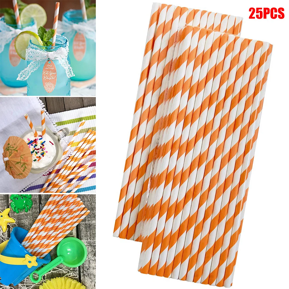 Striped Paper Straws Orange and White Friendly Straws for Juice Soda 25pcs