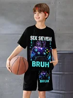 Ensemble 2 pièces pour enfants : T-shirt à manches courtes et short imprimé chiffres 6 et 7, style 'Brainrot' italien amusant, pour garçons 3