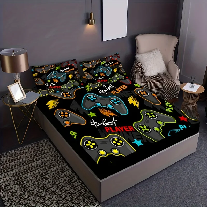 Games Print Fitted Sheet Set Soft Comfortable Breathable Bedding Set For Bedroom Guest Room (1* Fitted Sheet + 1/2*Pillowcases) 2
