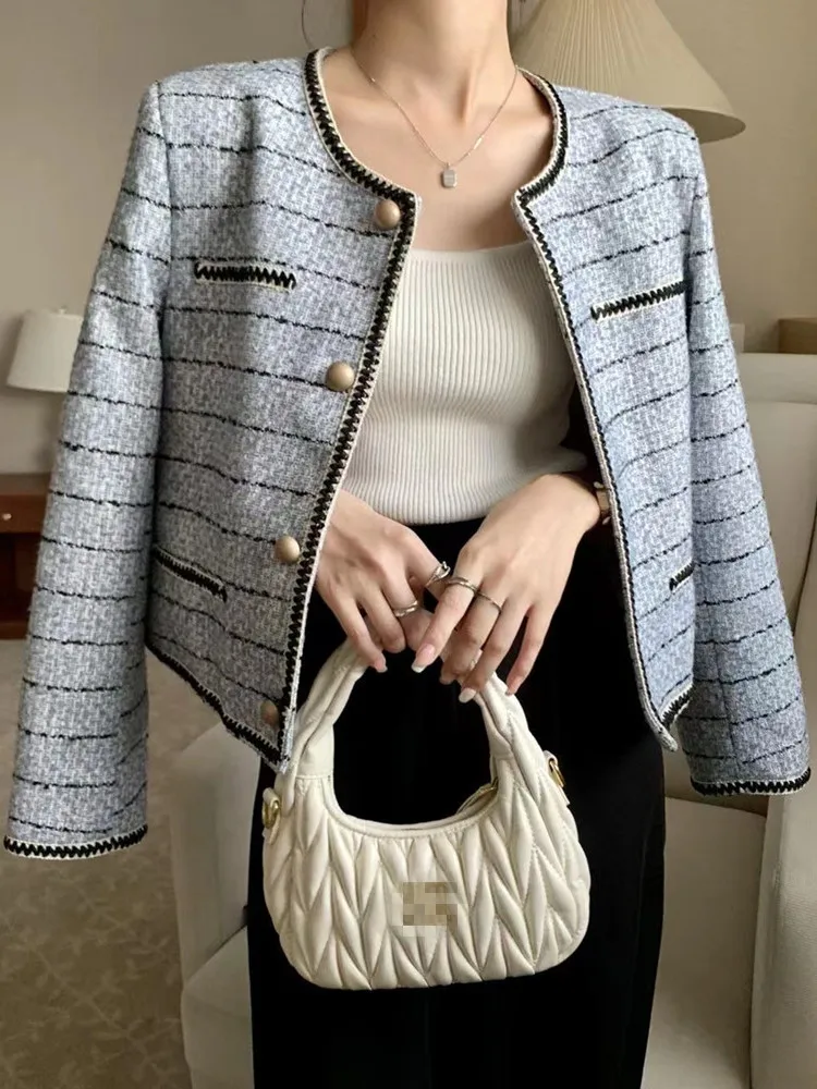 

High Quality French Vintage Small Fragrance Tweed Jacket For Women Autumn Winter Stripe Woolen Coat Outerwear Female Clothin
