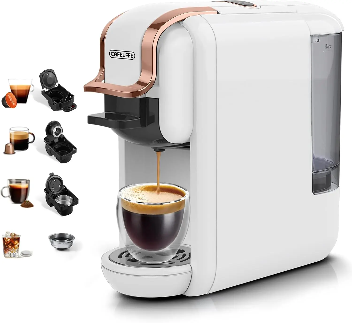 ماكينة قهوة، سعة 600 مل، متوافقة مع كبسولات نسبريسو ولافازا، ضغط 19 بار، لون أبيض