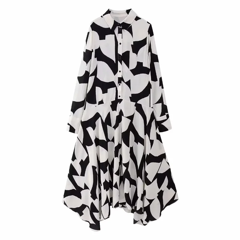 

Woman Casual Loose Black White Print Shirt Long Dress 2023 Spring Female Elegant Oversized Irregular Dresses Ladies Soft Dress