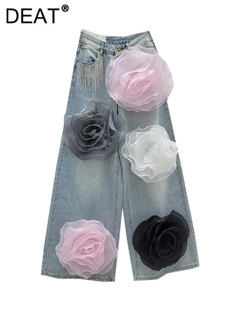 DEAT 여성용 하이웨이스트 청바지, 다중 3D 꽃, 다이아몬드 술, 스트레이트 와이드 레그, 루즈 데님 팬츠, 2024 여름 신상 패션