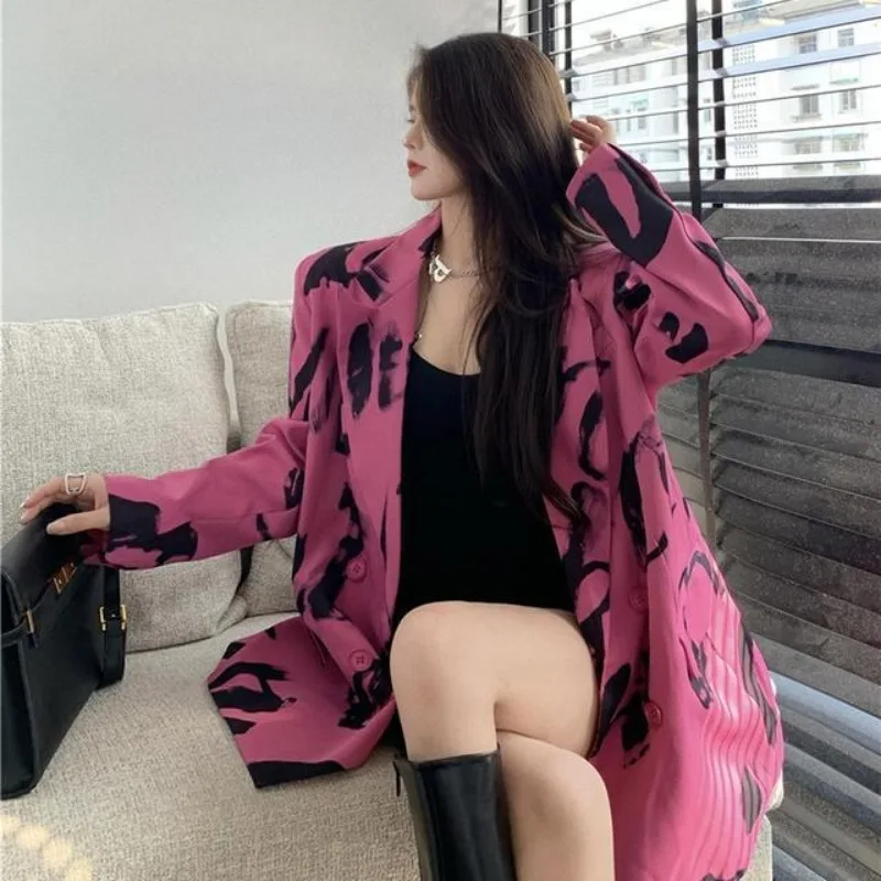 DAYIFUN Letter Printed Blazers Woman Notched Loose Long Sleeve Pink Suits Coats Streetwear Female 2024 Autumn Lady Jackets Tops