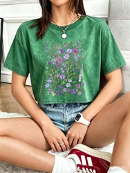 Purple Watercolor Floral Print Women's Summer Cotton Crop Top - XXL (Green)