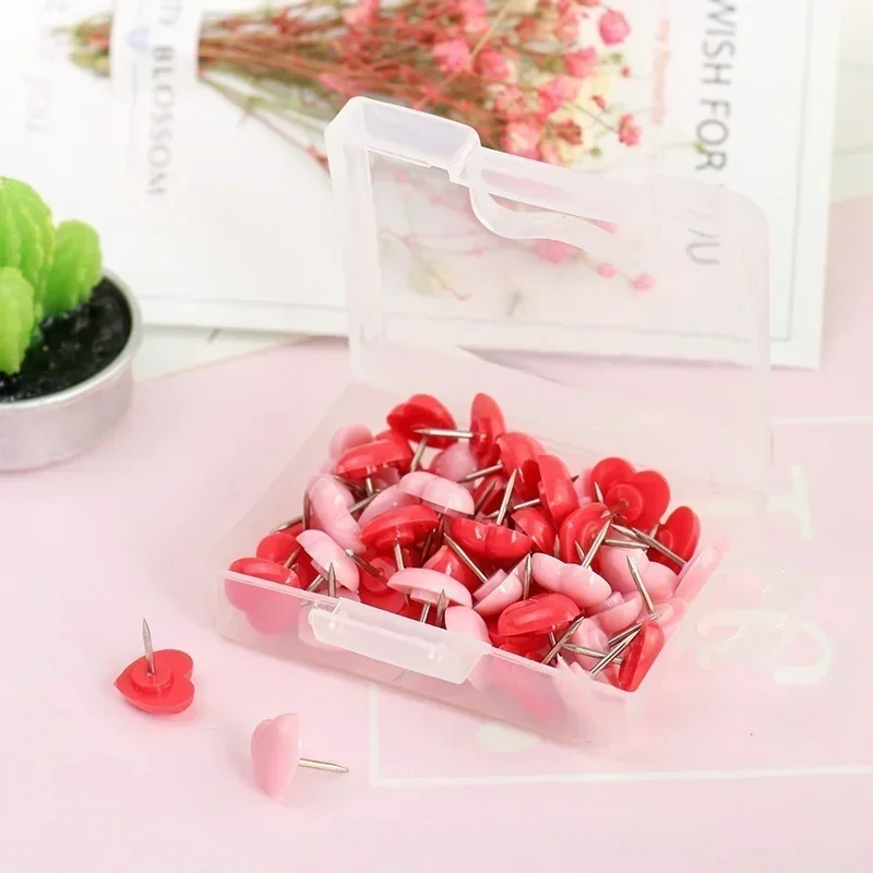 Heart Shape 50 Pack Plastic High Quality Cork Board Safety Colored Thumbtacks Pushpins Office School Accessories Supplies