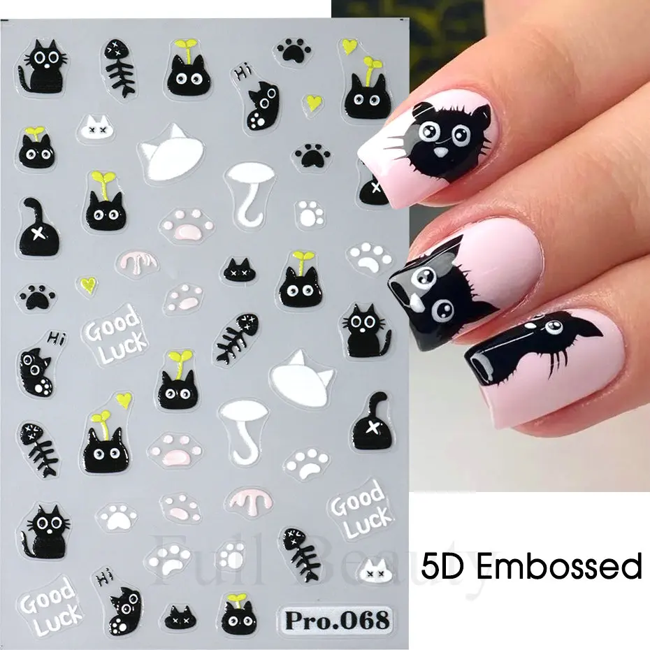 Nail Stickers Cute Black Cat Decals 3D Cat Flowers Nail Art Decoration Cute Cartoon Sliders Summer Manicure