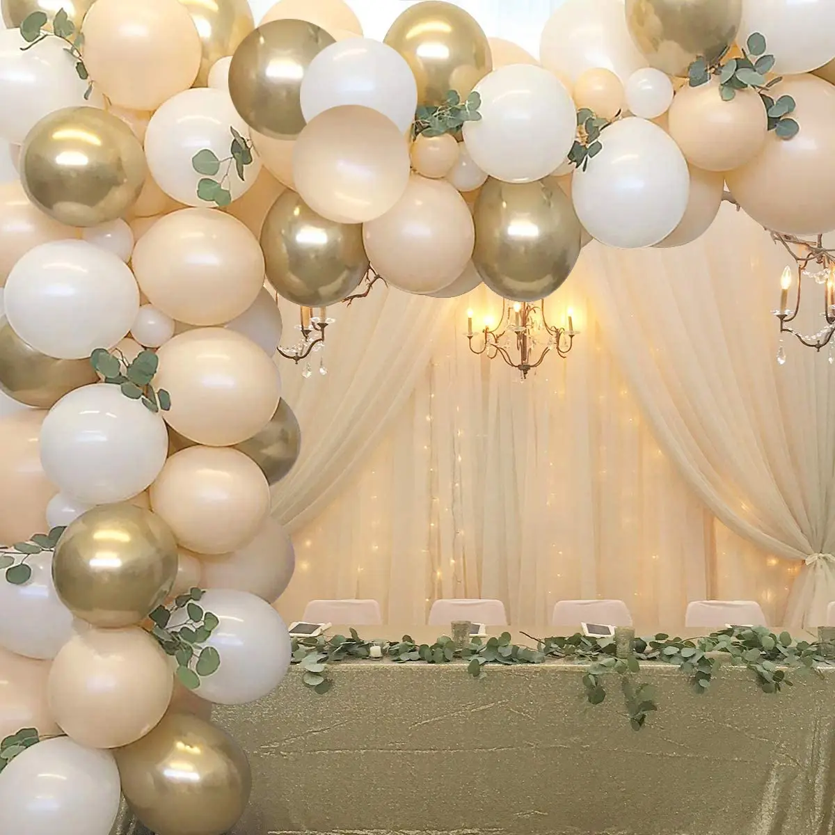 

Blush White Gold Balloon Arch Garland Kit with Leaf Vine Chrome Gold Latex Balloons for Wedding Engagement Party Decorations