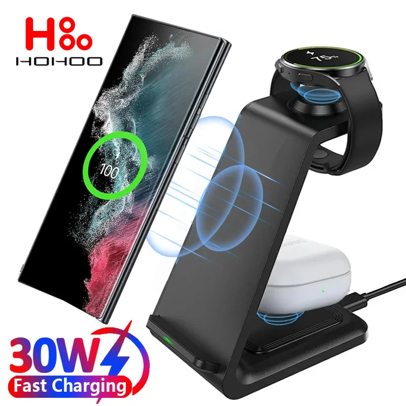 30W Led Fast Wireless Charger Stand 3 In 1 Per Iphone 15 14 13 12 Pro Max Apple Watch 9 8 7 Airpods Pro 3 2 Per Samsung Galaxy S24 23 22 21 Ultra Gala
