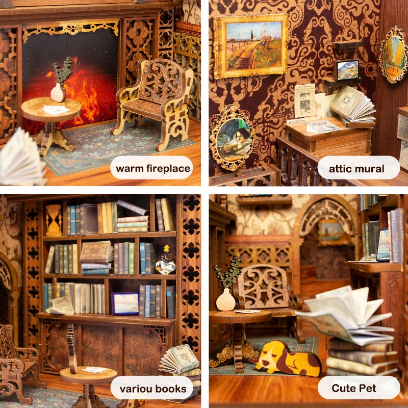 FSOLIS DIY Book Nook Kit, DIY Miniature Dollhouse Kit 3D Wooden