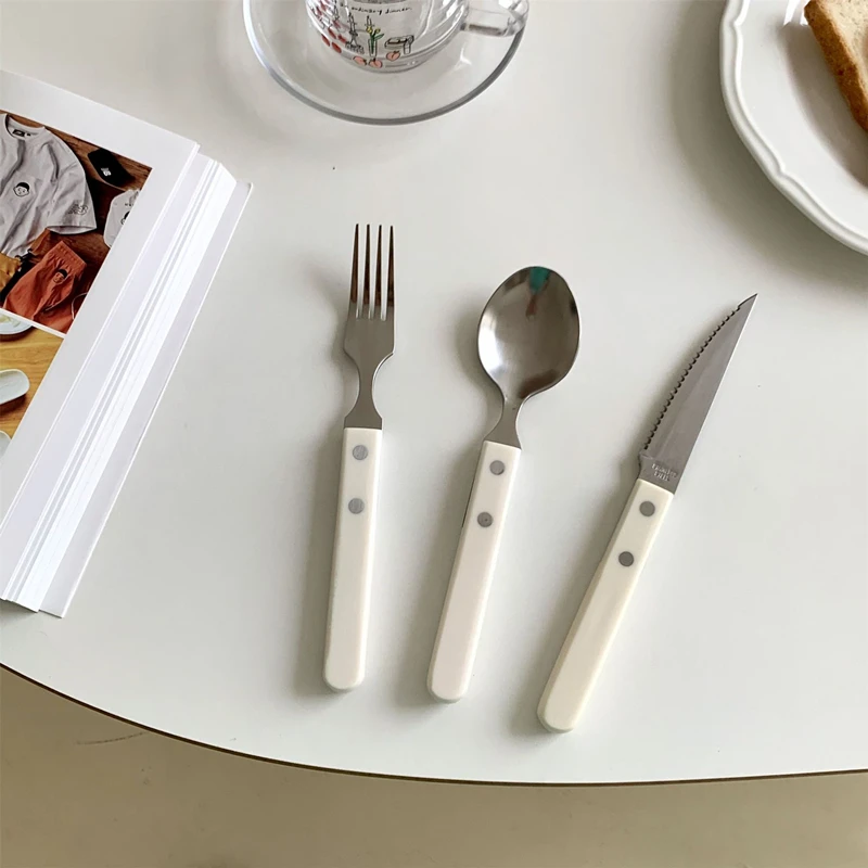 Tableware Set 3Pcs Stainless Steel Dinnerware Spoon Knife Fork Ivory White Scoop Steak Kitchen Western Cutlery Home Flatware