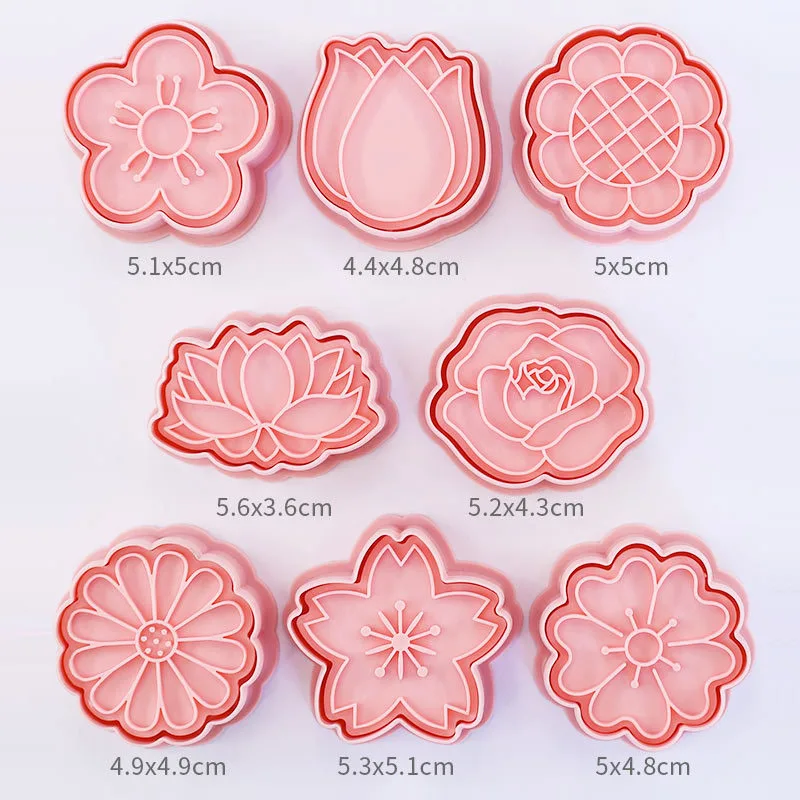 8pcs/set Flower Shape Cookie Cutters 3D Plastic Biscuit Mold Cookie Stamp DIY Fondant Cake Mould Kitchen Baking Pastry Bakeware
