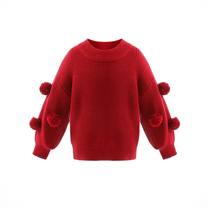 

Girls' Spring and Autumn Baby Girl Round Neck Knitwear Children's Foreign Style Versatile Long Sleeve Fur Ball Sweater