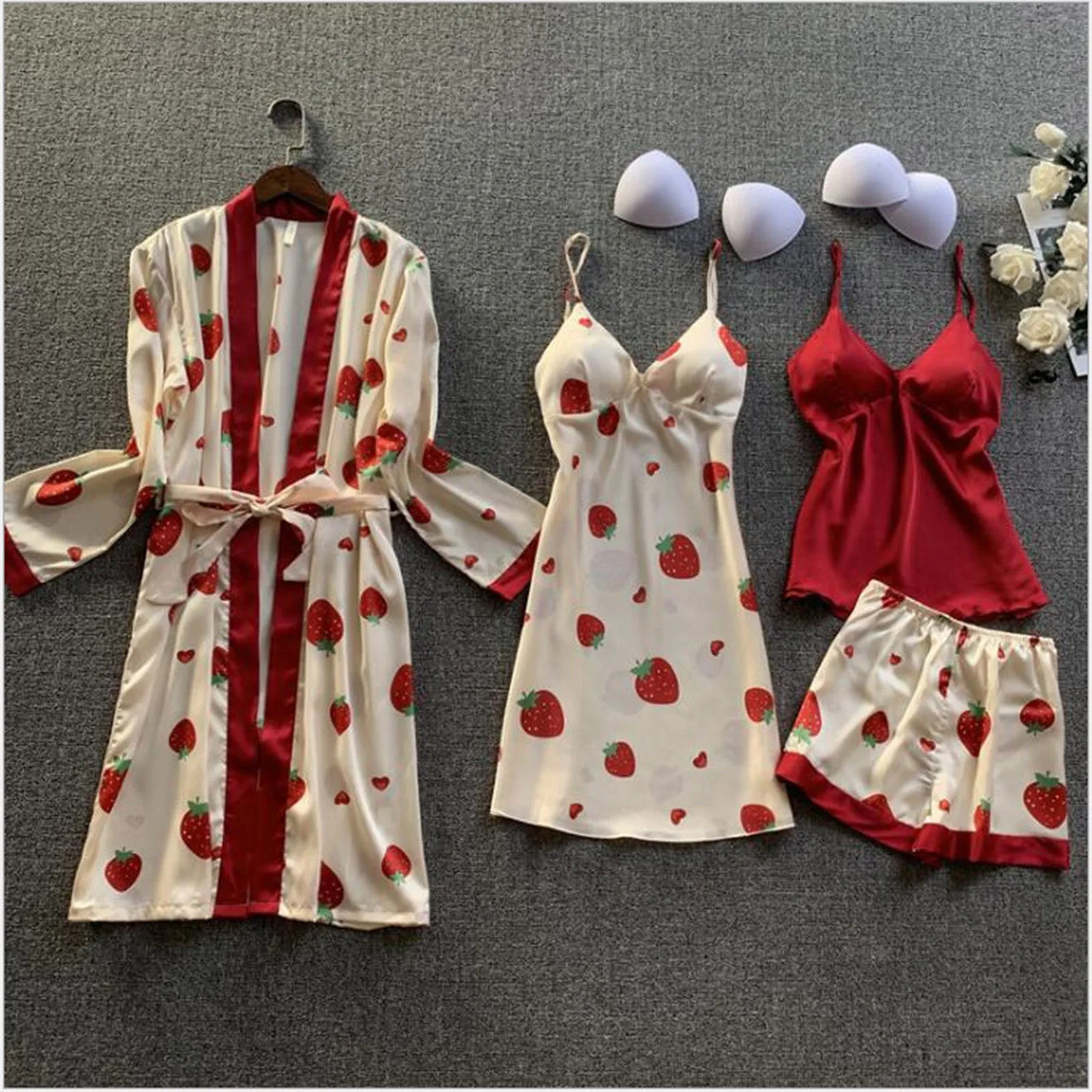 

Women Robes Nightgown Pajamas Shorts Four Pieces Suit Heart And Dot Printing Simple Fashion Daily Satin Breathable Set