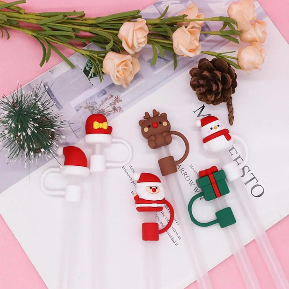 

Christmas Straw Covers Cute Santa Snowman Silicone Cap Plug Home Straw Tips Party Decor Dust-proof Cup Cover Reusable S3M1