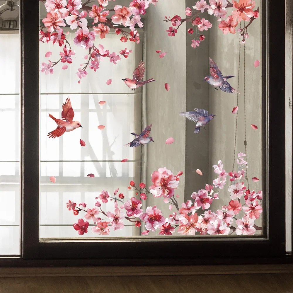 1PCS Foreign Trade Peach Blossom Branch Bird Glass Window Home Beautify Decoration Electrostatic Uv Window Sticker window stickers