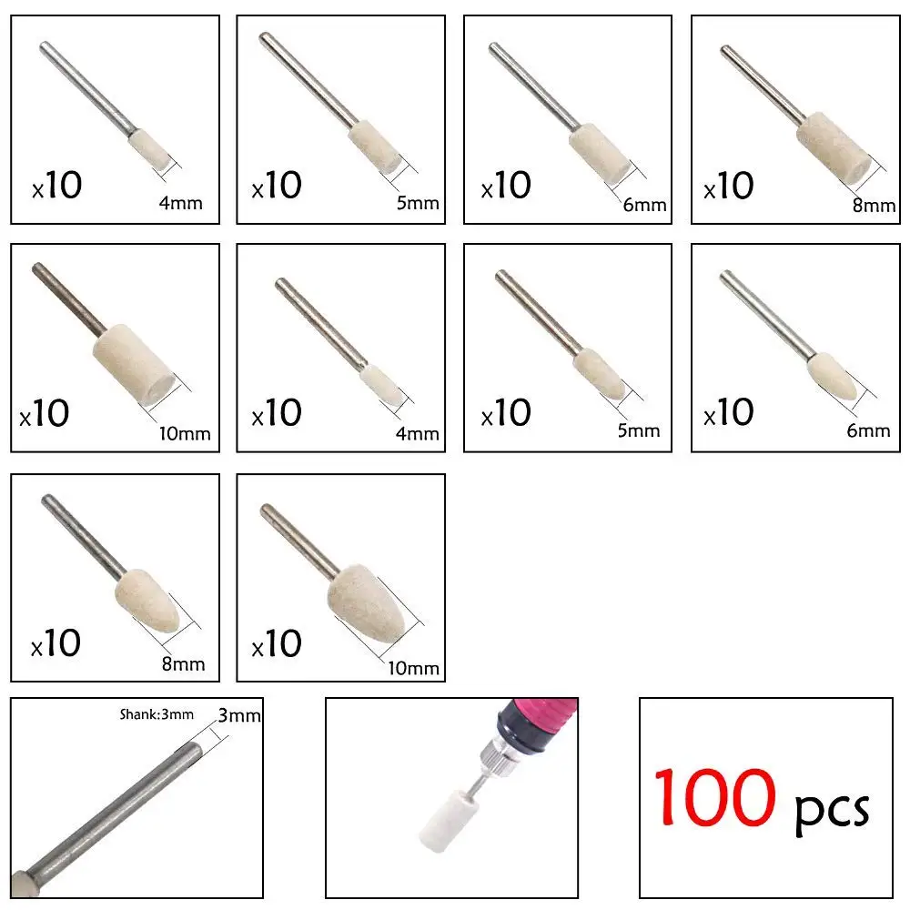 100Pcs 펠트 연마 휠 울 연마 버핑 패드 연마 그라인딩 헤드 휠 도구 키트 드레멜 로터리 도구용