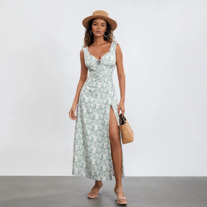 

WPNAKS Women Floral Long Dress Evening Party Summer Clothes Sleeveless Deep V Neck Cross Tie-up Front High Split Dress Sexy Club
