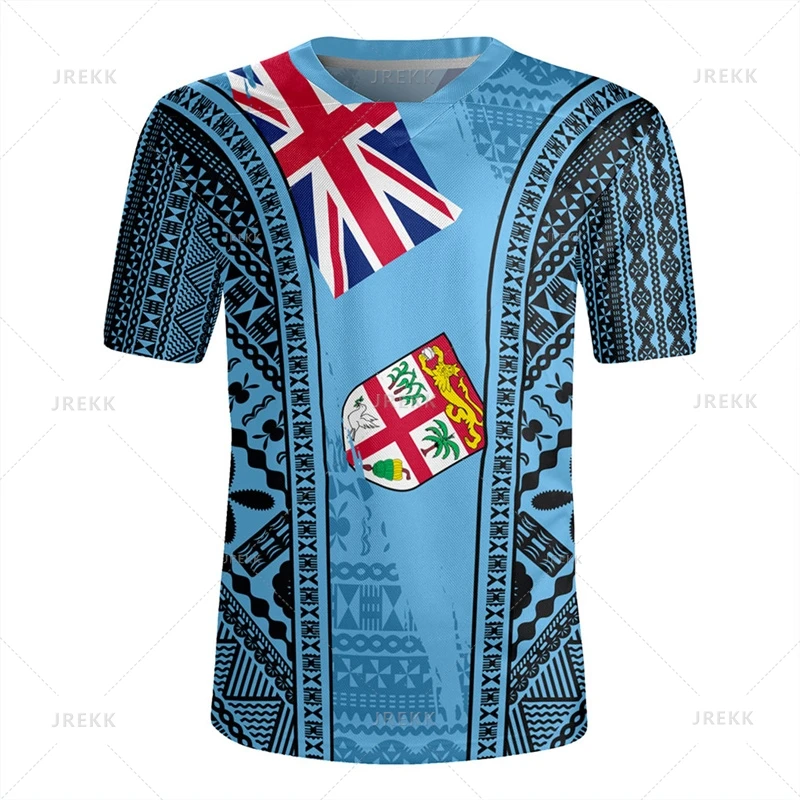 thumbnail image 1 of Camiseta con cuello en V y estampado 3D de la bandera de la República de Fiji Camiseta con cuello en V y emblema gráfico de rugby de Fiji para hombres Camisetas de moda, 1 of 5