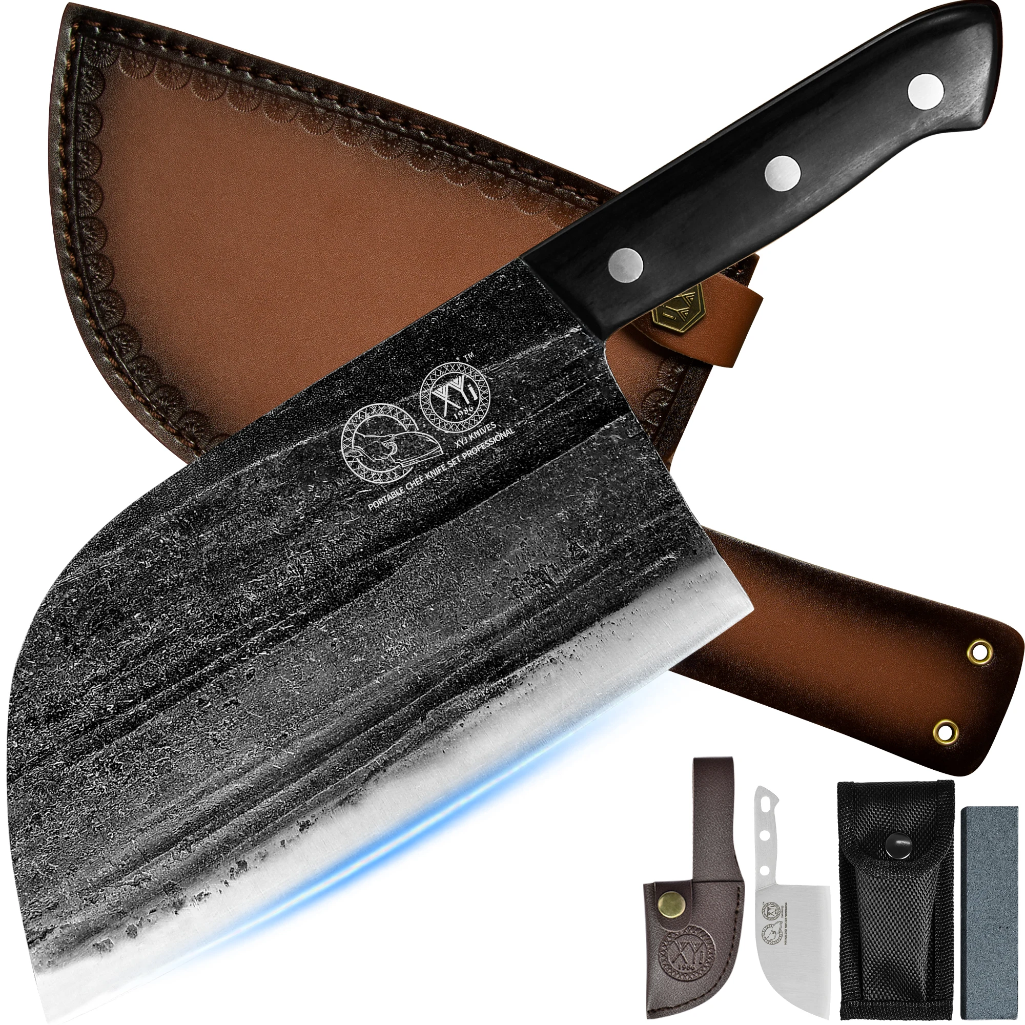 

XYj 8 Inch Kitchen With Sheath Full Tang Wood Handle Cleaver Vegetable Chopper Serbian Knife Tool Stainless Steel Cooking Knife