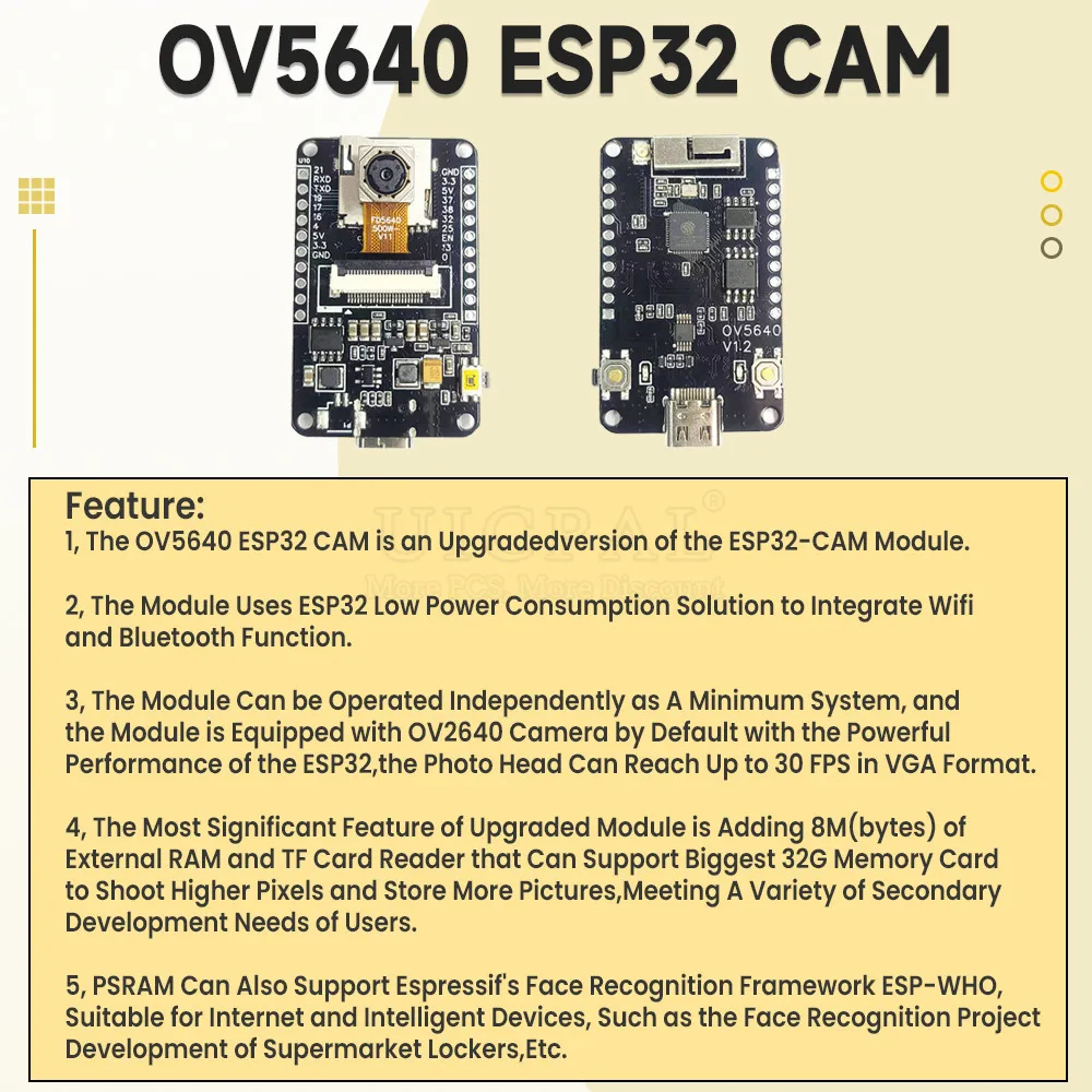 새로운 OV5640 ESP32-CAM 카메라 모듈 키트 WiFi 블루투스 개발 보드 자동 초점 66 120 160도 카메라 모듈 (TF, TFT 포함)
