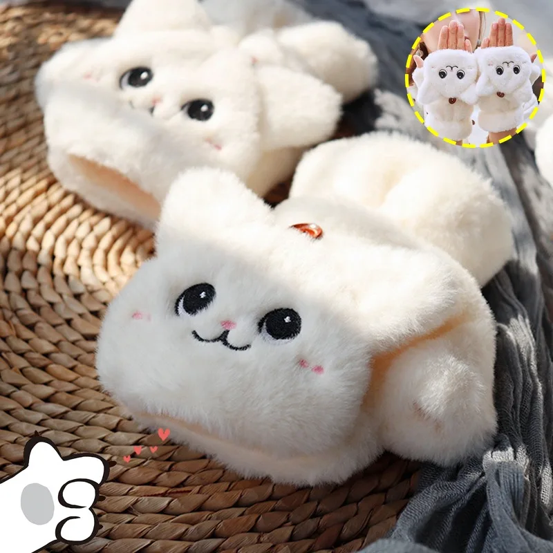 Winter Plush Cat Claw Half Finger Gloves Cute Coral Fleece Warm Cold-proof Flip Over Mittens Outdoors Riding Fingerless Gloves kawaii thickened velvet warm full finger gloves cat claw cute plush gloves winter even fingers gloves girl mittens cold proof