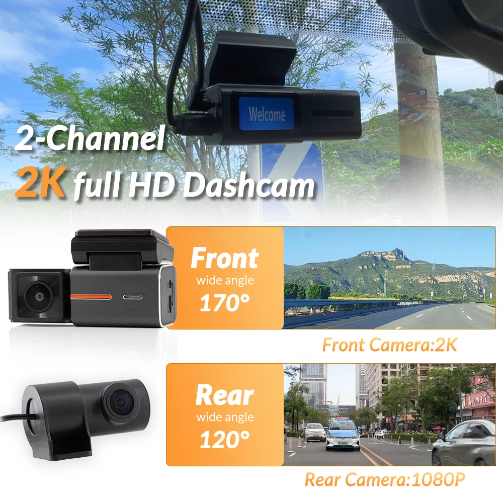 Dash Camera 2 Channel Front Rear HD 2K + 1080P WiFi Car Vehicle DVR Recorder 170&deg; Ultra Wide Angle Camcorder