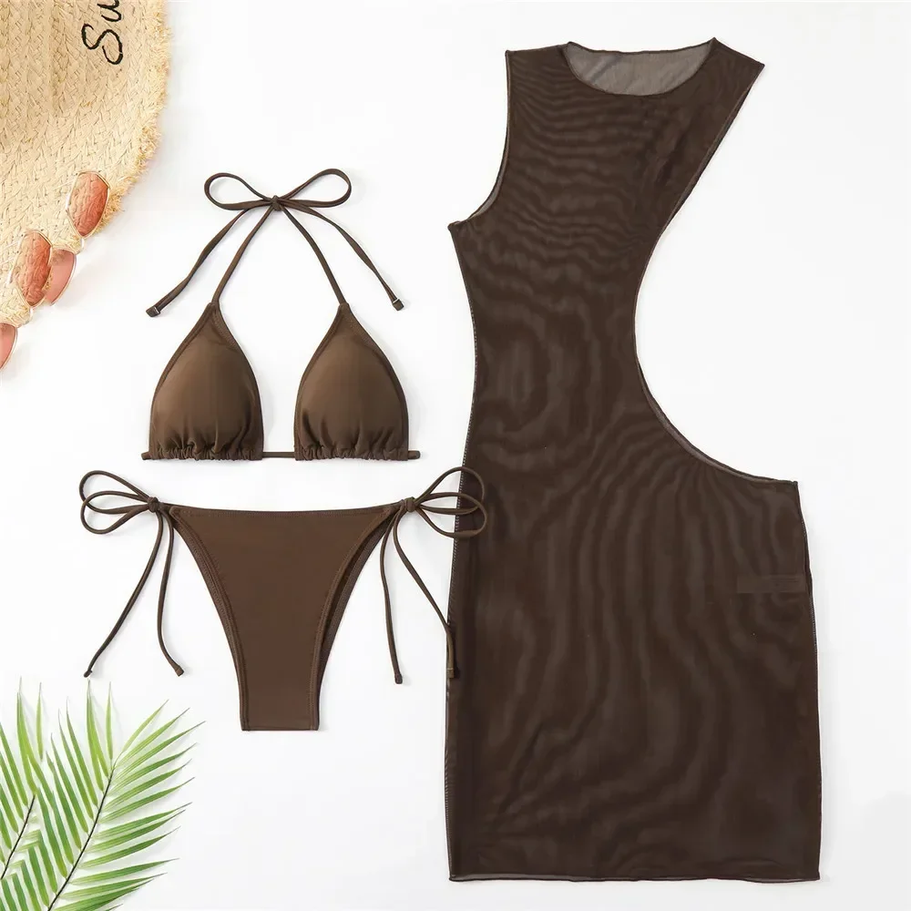 Brown Mesh Cover Ups Swimwear 3 Piece Bikinis Sets Sexy Swimsuit Women 2025 String Halter Triangle Micro Bikini Thong Beachwear