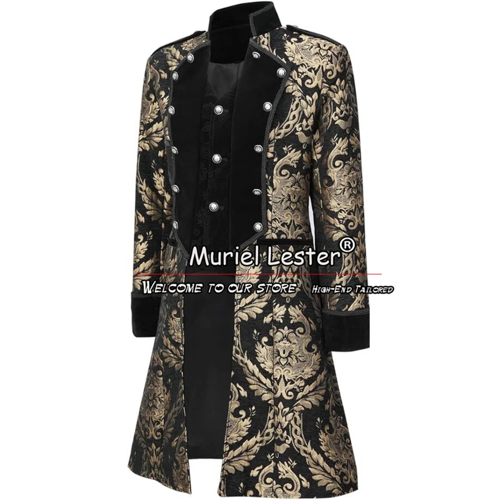 Gothic Red & Gold Man Trench Coat Long Black Peaked Lapel Jacquard Men's Suit Jackets Made Groom Tuxedos Male Prom Blazer
