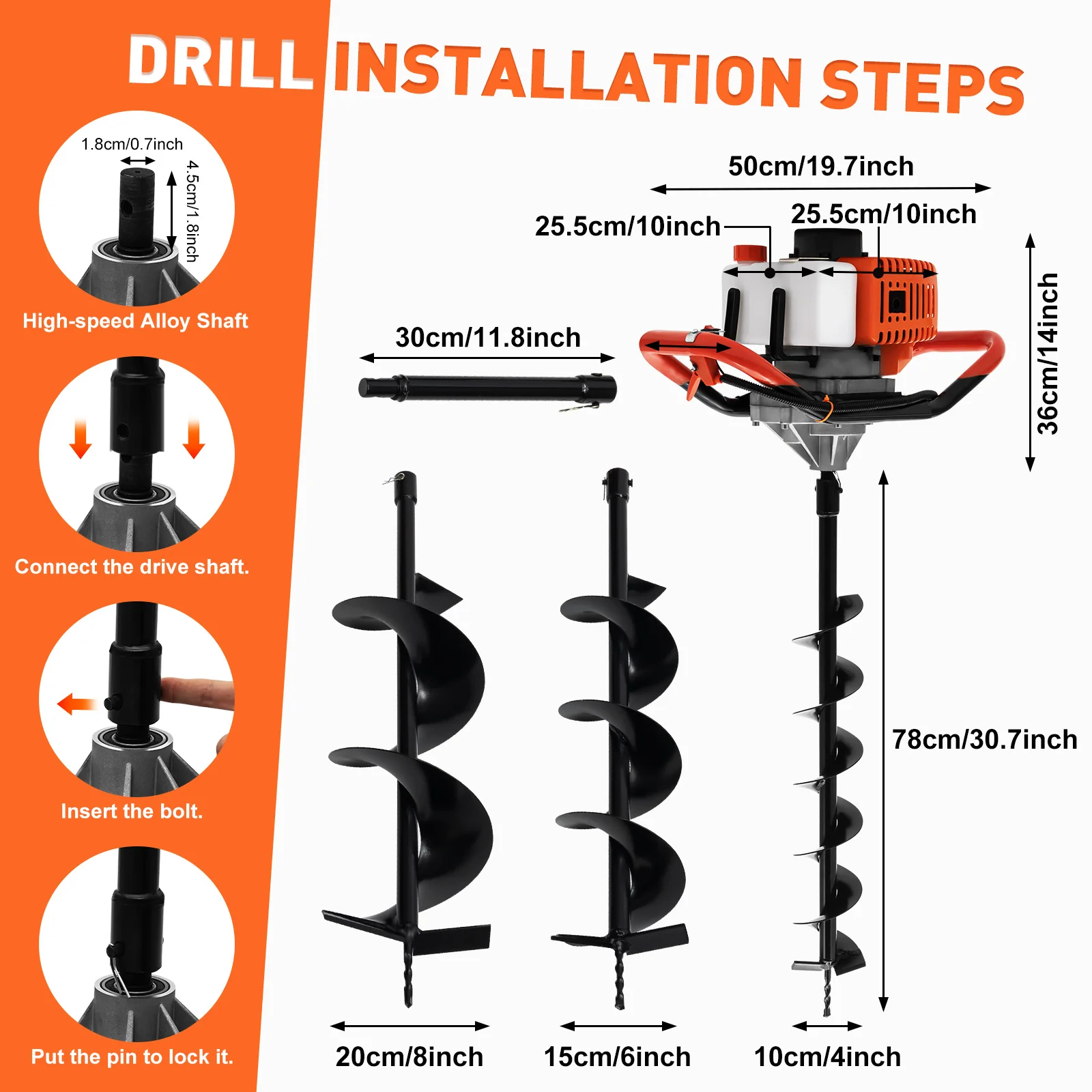 52CC Post Hole Digger Gas Powered Earth Auger Borer Fence Ground Drill+3 Bits