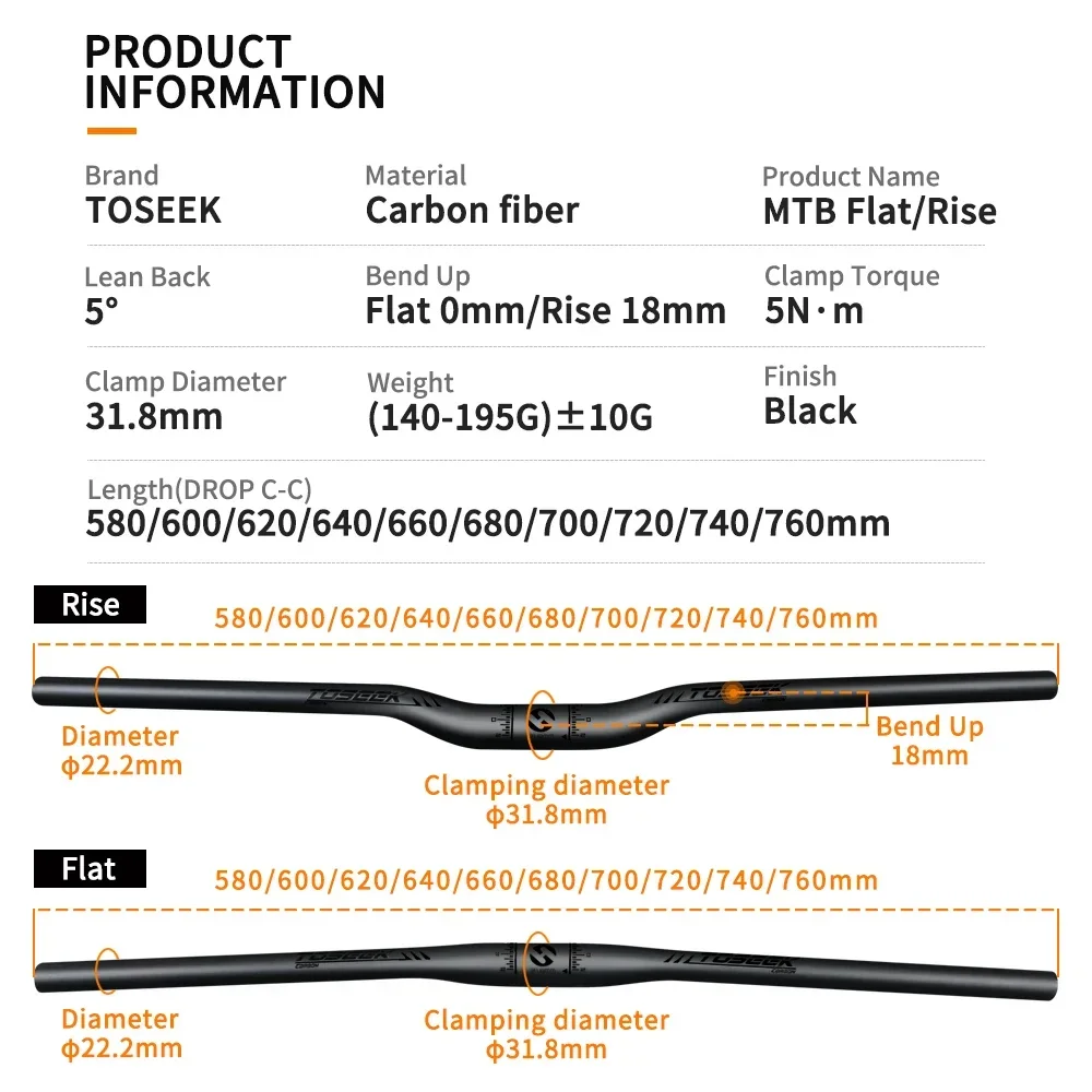 TOSEEK Full Carbon Mtb Handlebar 31.8mm Bicycle Handlebar 640/660/680/700/720/740/760mm Ultralight Mountain Bike Handlebars