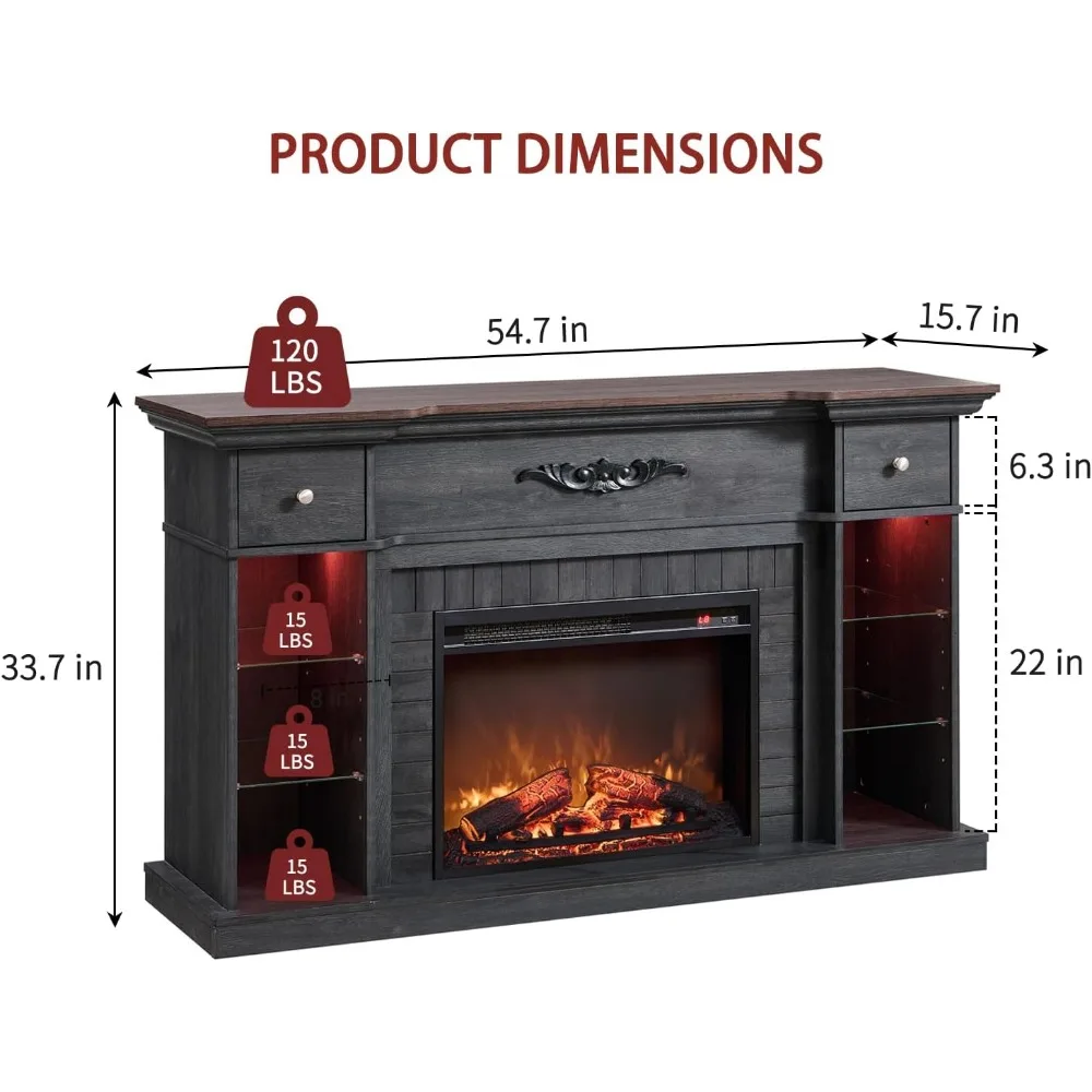 54" Farmhouse Electric Fireplace with Mantel, 33" Tall LED Fireplace TV Stand w/7 Lighting Colors, 23'' Freestanding Electric 3
