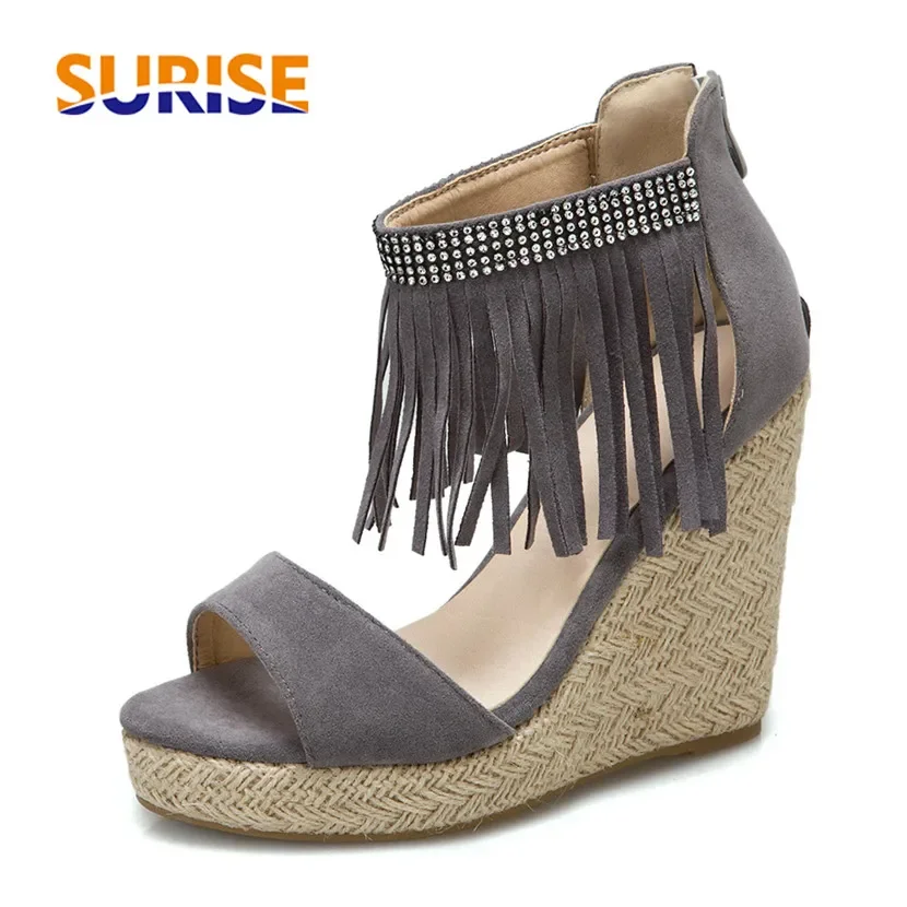 

Plus Size Women Tassel Wedge Sandals Grey Flock High Thick Heels Party Lady Crystal Ankle Strap Height Increased Platform Shoes