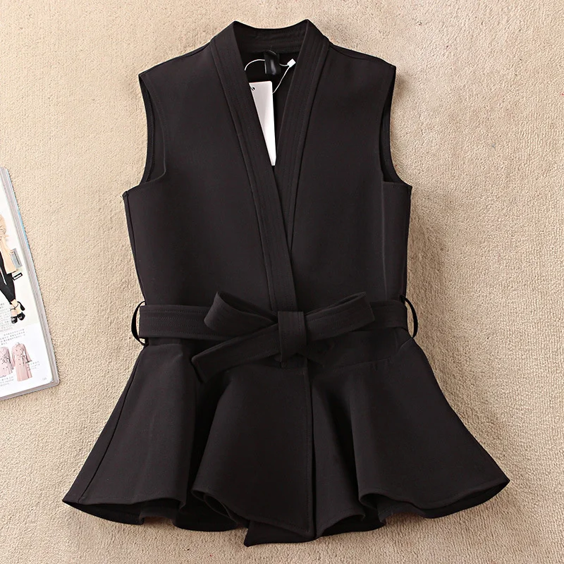 #5115 Black Blazer Waistcoat Women Belt Sleeveless Coat Female Slim Office Vest Woman V-neck Korean Style Vests Waistcoat Femme