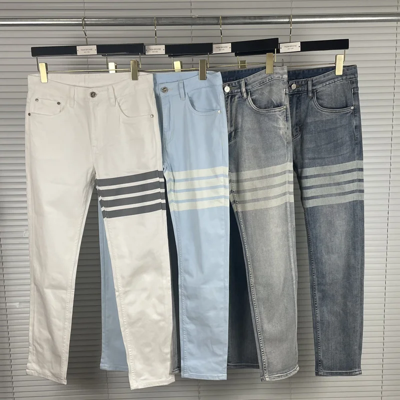 

Brand THOM Fashion TB Jeans Men Spring Summer Jeans Business Casual Slim Fit Thin Denim Trousers Striped Straight Pants Male