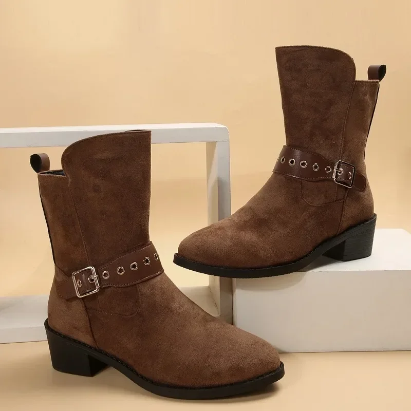 Women Ankle Boots Low Heels Round Plus Size 41 42 43 Casual Shoes Faux Suede Female Low Boots Chelsea Boots Platform Boots 2024