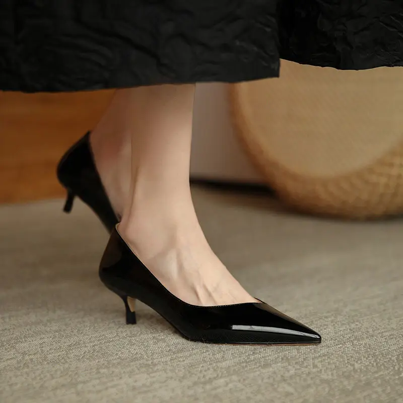 Patent Leather Pumps Women Stiletto Professional Shoes 2023 New Gray Pointed High Heels Mid-heel Women's Shoes 4