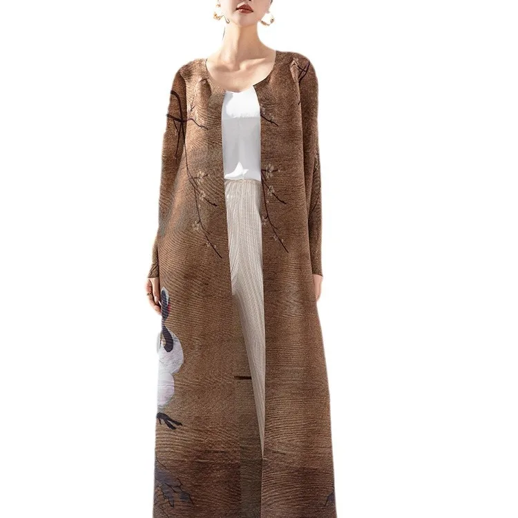 Miyake Pleated Vintage Swan Printed Long Sleeve Coat Women 2023 New Autumn Winter Original Designer Cardigan Plus Size Robe