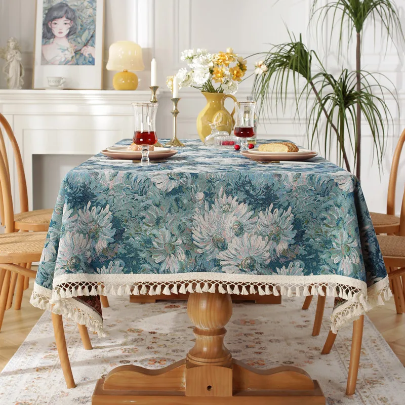 Jacquard Oil Painting Tassels Tablecloth Rectangular Dustproof Flower Table Cover Kitchen Dinning Coffee Table Decoration