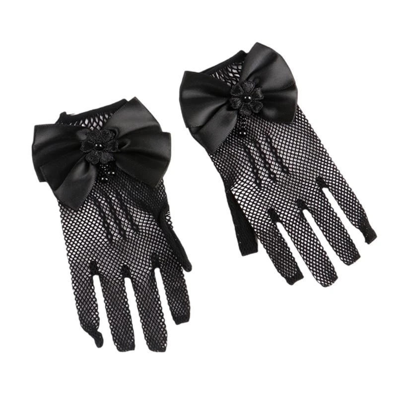 1 Pair Lace Girls' Formal Gloves Comfortable Nylon Fabric Mittens for Wedding Dresses and Special Occasion White/Black 4XBC