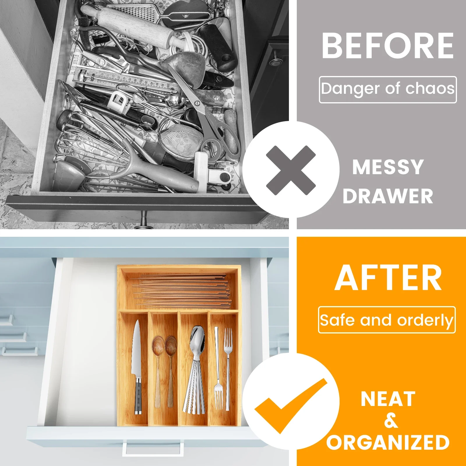 New Kitchen Drawer Cutlery Organizer 5/6 Compartments Bamboo Drawer Box Silverware Tray Durable Kitchen Drawer Organizer Tray 5