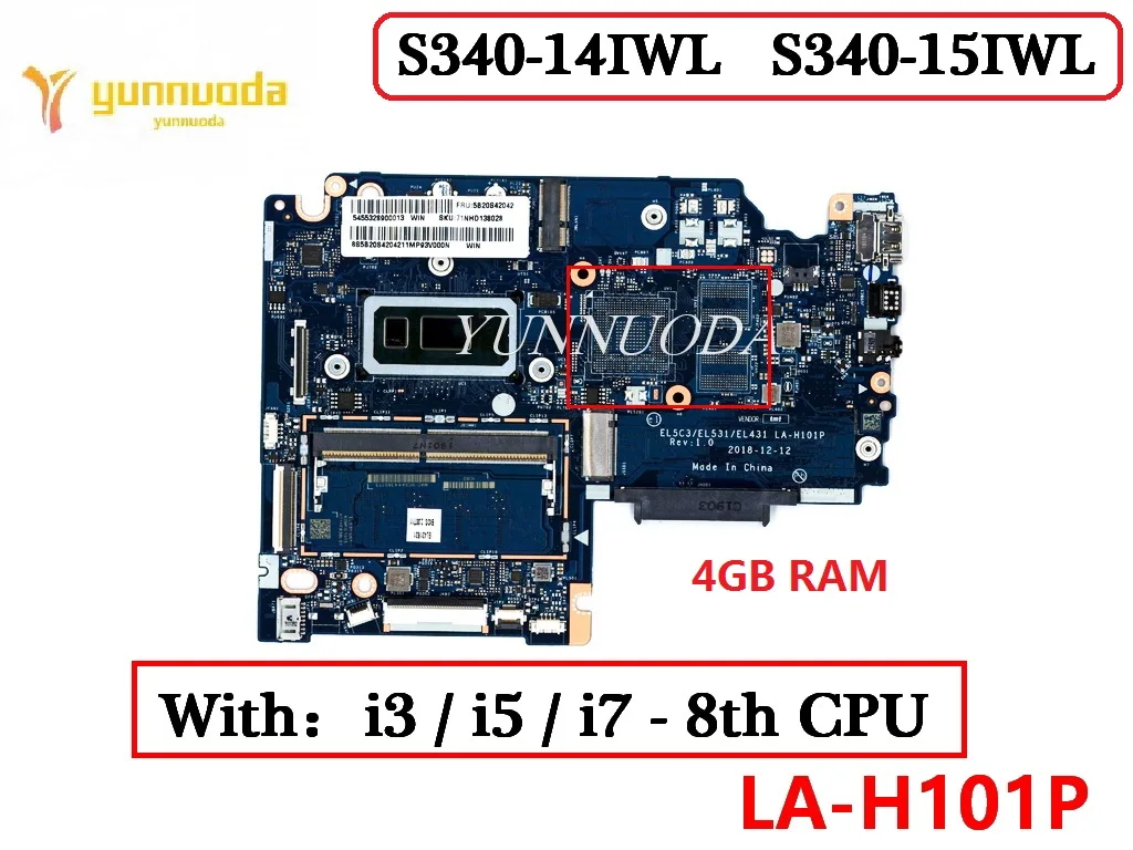 

LA-H101P для lenovo S340-14IWL, материнская плата для ноутбука с i3, i5, i7, процессором 8th, 4 Гб ОЗУ, 100% протестирован