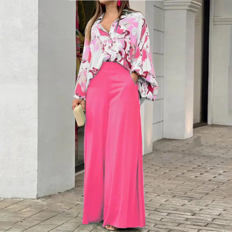Two Piece Set Spring Autumn Casual Women's Set Fashion Loose Printed Long Sleeve Shirt Blouse Solid Wide Leg Pants Famous Suit