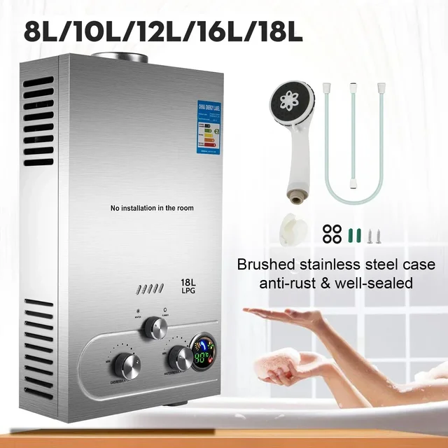 Chauffe-eau instantané en acier inoxydable au propane/gaz GPL 6-18L, chauffe-eau sans réservoir portable mural au gaz GPL pour propane/butane 1
