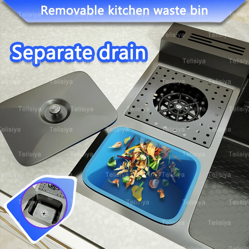 Stainless Steel Kitchen Sink with Trash Can Embossed Wash Basin with Waterfall Faucet Digital Display Large Single Solt 3