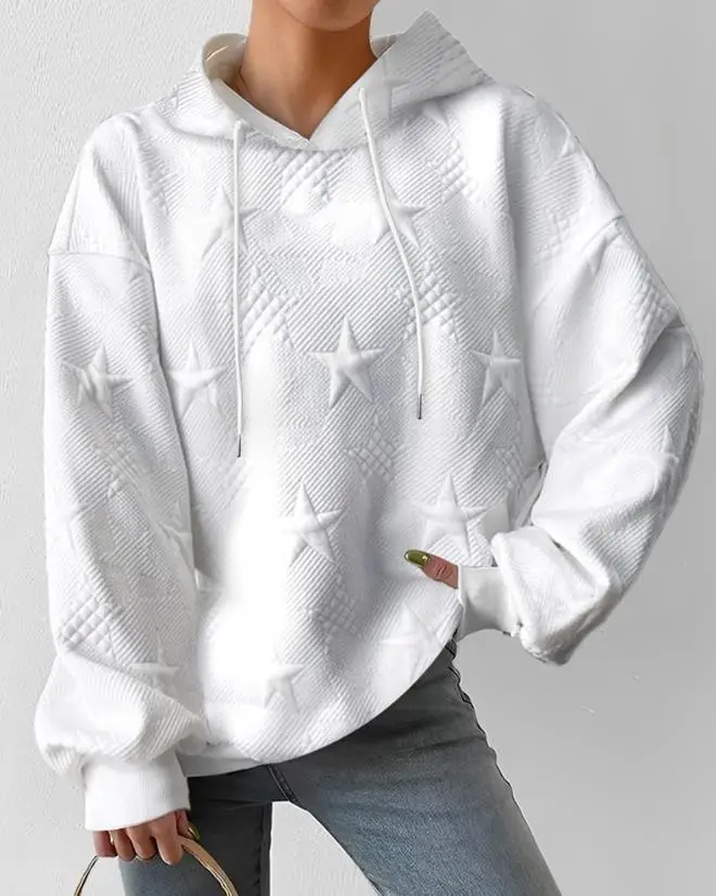 

Woman Casual Hooded Sweatshirt Autumn and Winter New Fashion Solid Color Star Textured Drawstring Decora Daily Style Hoodie Top