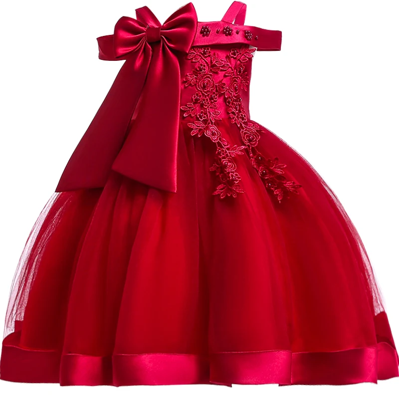 3-10 Years Kids Christmas Party Dresses Girls Appliques Flower Elegant Wedding Dress Bow Children Birthday Prom Gown