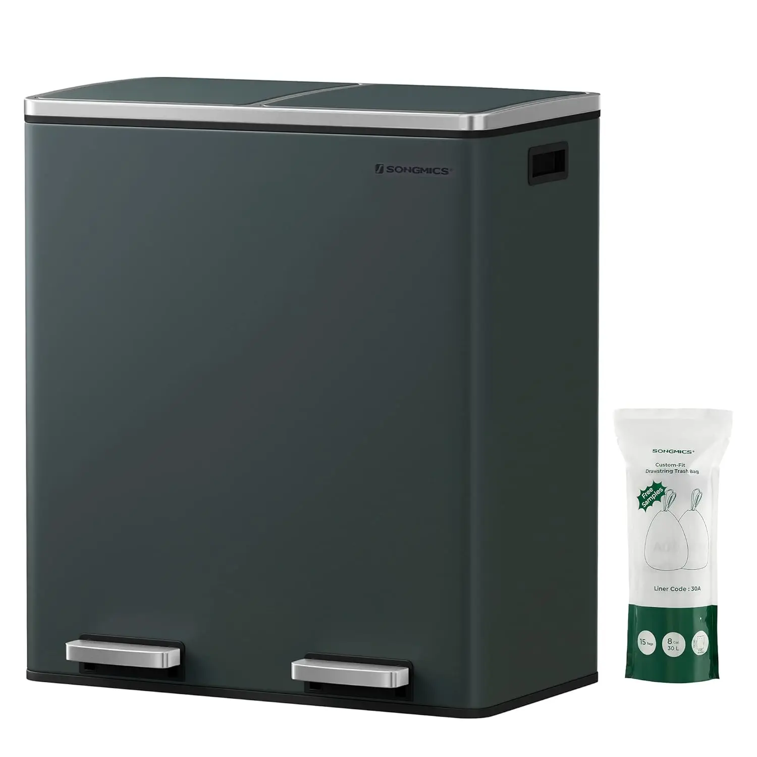 Trash Can 2 x 8 Gal Garbage Can for Kitchen with 15 Trash Bags 2 Compartments Plastic Inner Buckets and Hinged Lids