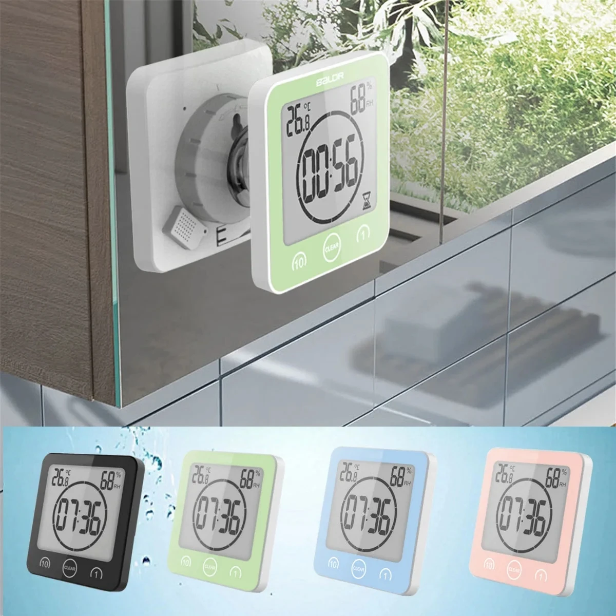 Digital Wall Clock LCD Bathroom Waterproof Shower Clock Timer Temperature Humidity