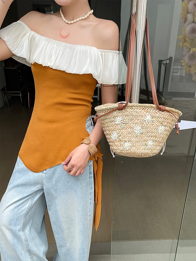 Casual Wicker Woven Basket Bags Rattan Women Handbags Handmade Summer Beach Straw Tote Bag Designer Shoulder Crossbody Bag 2024